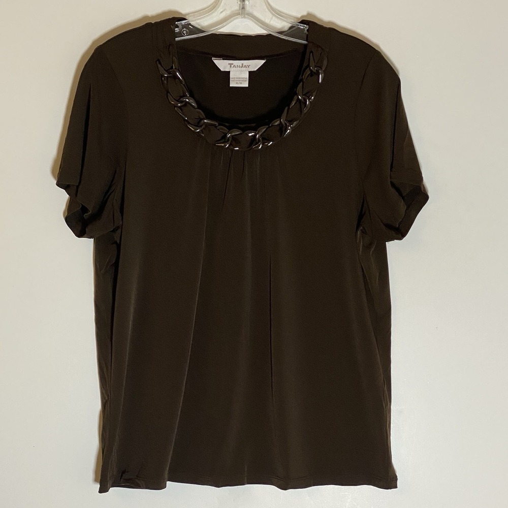 TanJay Top Womens Medium Brown Braided Chain Collar Short Sleeve Stretch Fun M‎